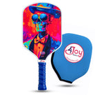 Colorful pickleball paddle with a skeleton design and blue handle, featuring the 4Joy Paddles logo.