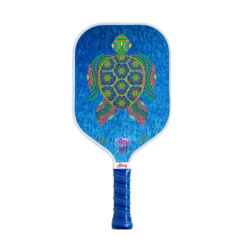 The 4Joy Paddles blue pickleball paddle features a honeycomb core and a vibrant turtle design in green, red, and yellow. Its handle is finished with blue grip tape for added comfort and style.