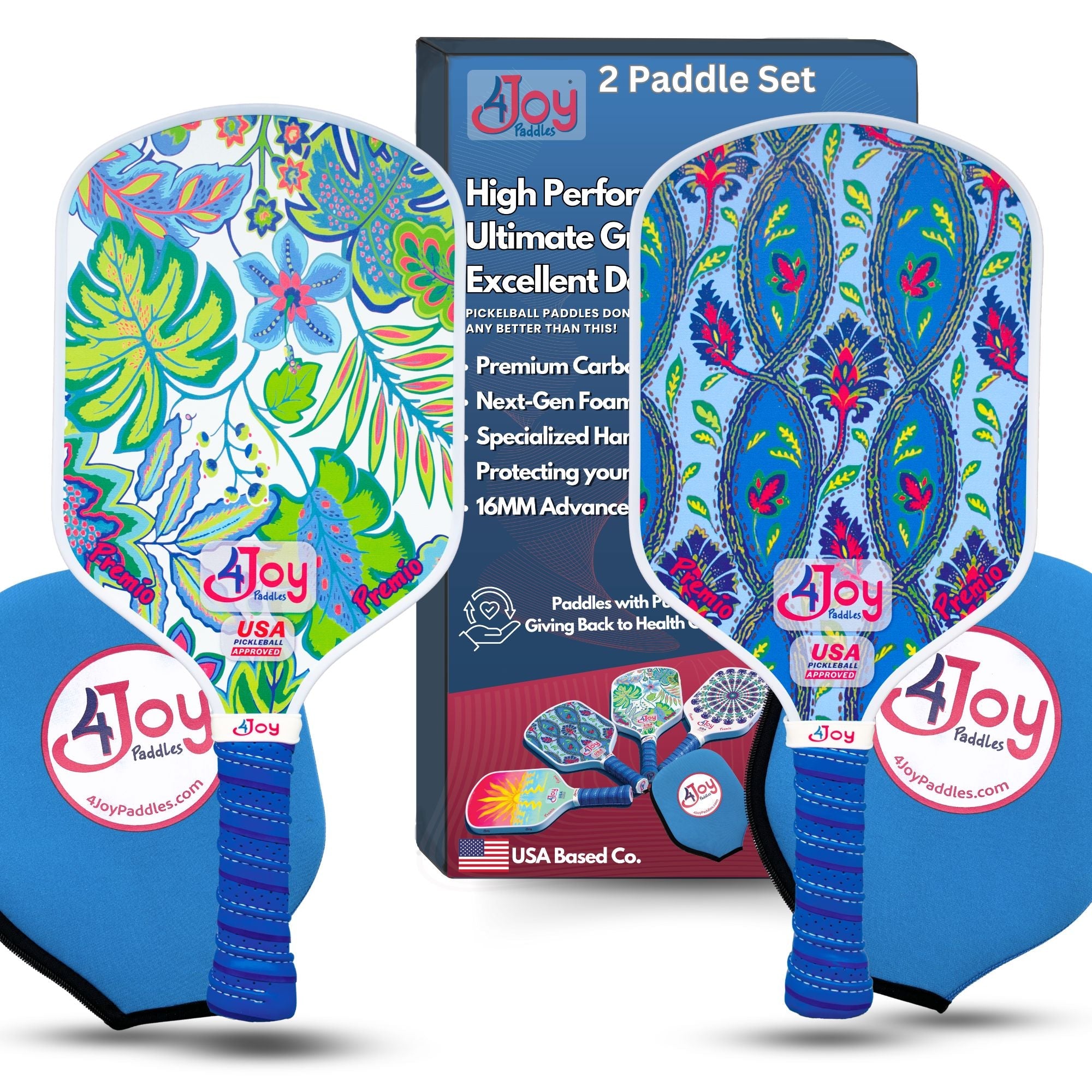 Pickleball Paddle Set - Damask and White Palm - Premio Series - 4Joy Paddles