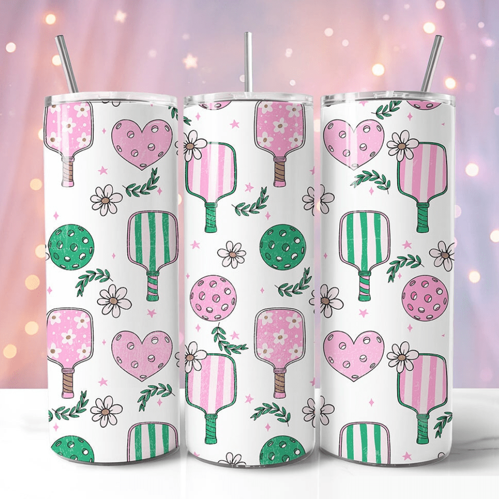 Pink Retro Pickleball 20oz Tumbler With Lid and Stainless Steel Straw, Travel Mug Gift - 4Joy Paddles