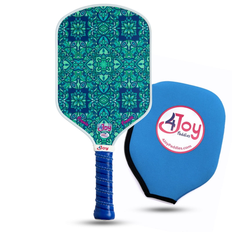 Blue and green pickleball paddle with 4Joy branding on a white background