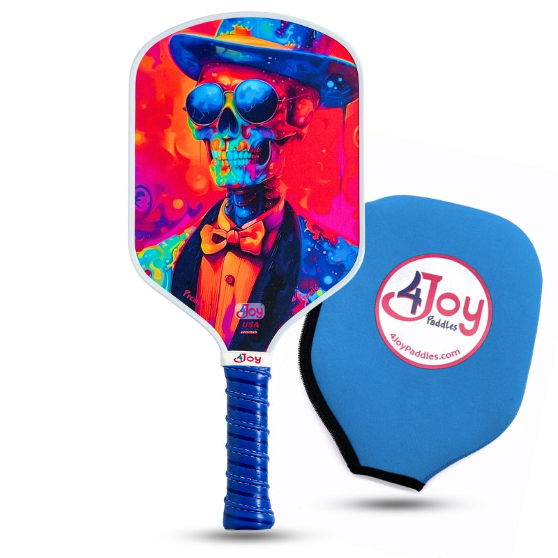 Colorful pickleball paddle with a skeleton design and blue handle, featuring the 4Joy Paddles logo.
