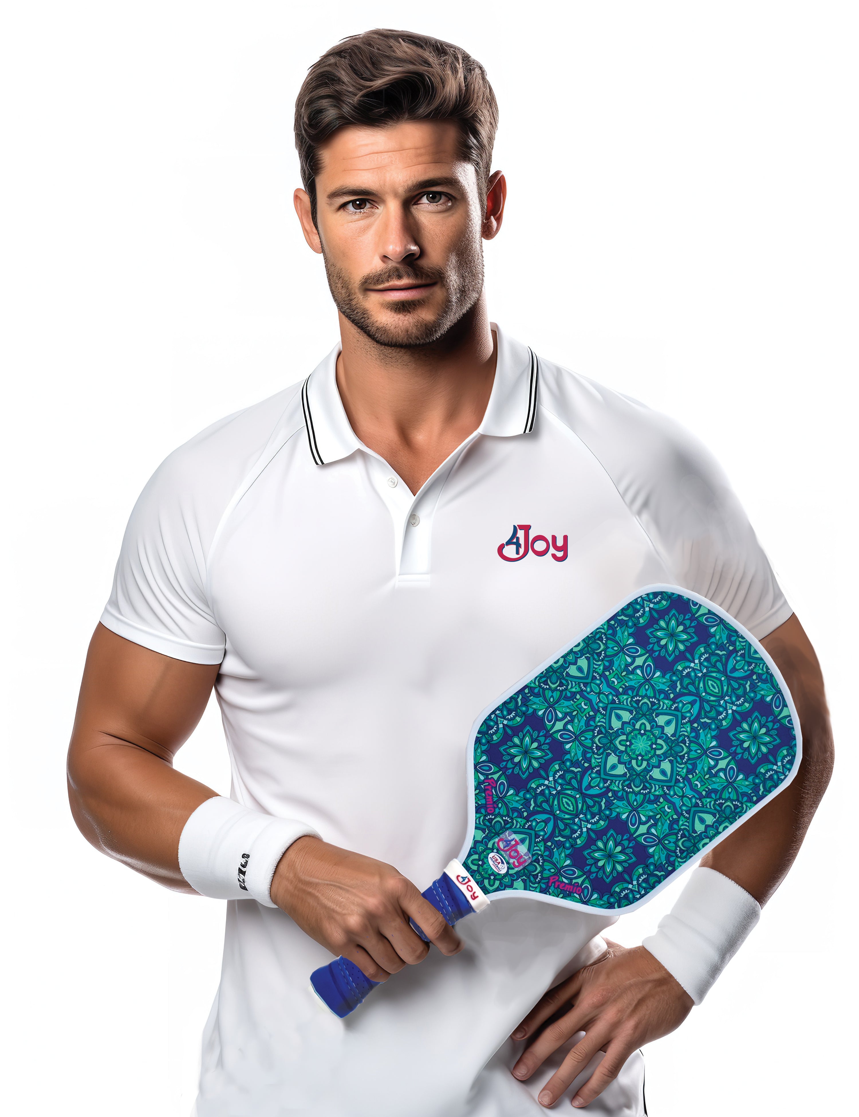 A man in a white polo with a “Joy” logo holds a 4JoyPaddles Premio Series T700 Carbon Fiber pickleball paddle with a blue and green design. Wearing wristbands, he stands against a plain white background, looking confidently at the camera.