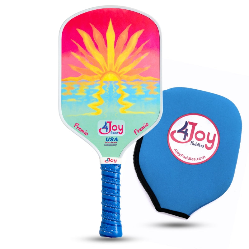 Colorful pickleball paddle with a blue paddle and pink and yellow design on a white background