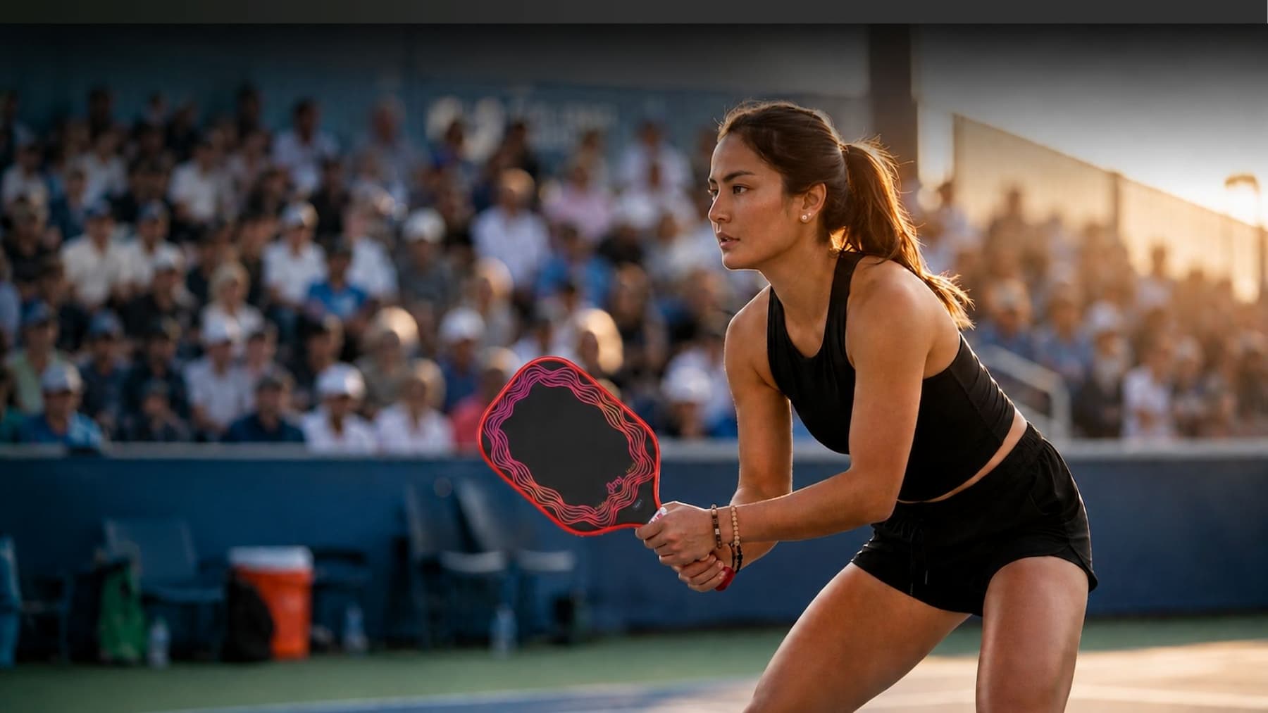 Pickleball player in action on a court with spectators in the background