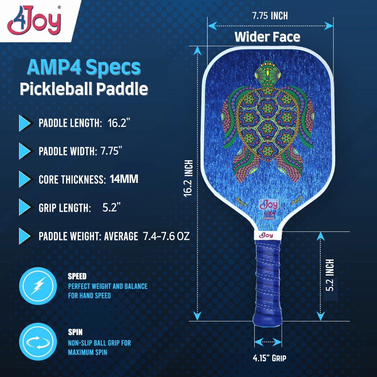 AMP4 Series Turtle Design Pickleball Paddle - 4Joy Paddles