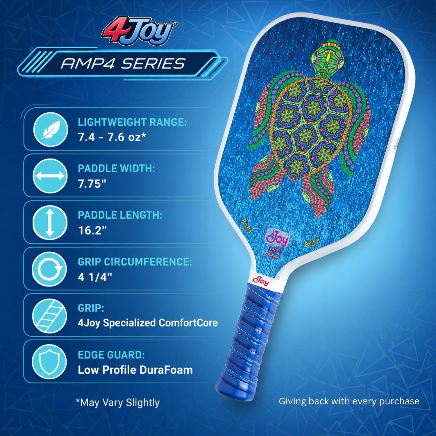 AMP4 Series Turtle Design Pickleball Paddle - 4Joy Paddles